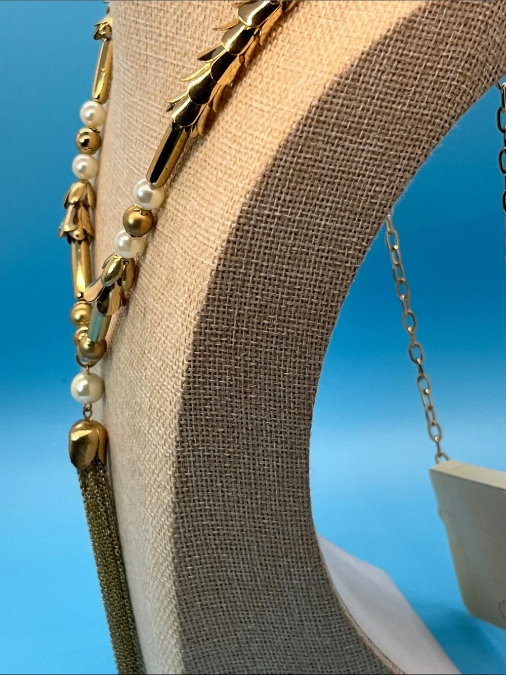 Erica Lyons Gold and White Pearl Tassel Necklace